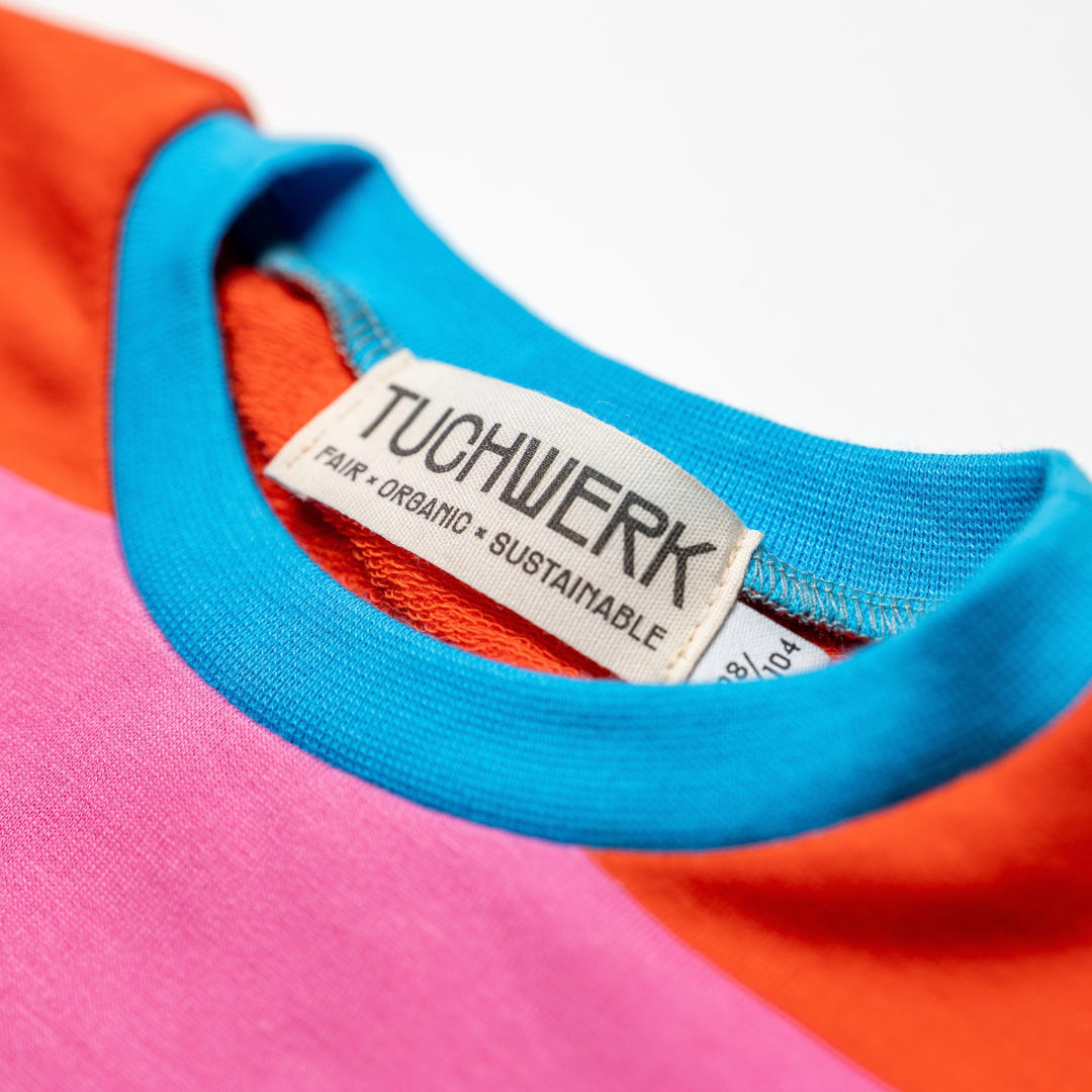 Sweater mit Streifen, rosa/orange, blau gestreift, Trendfarbe, bequeme Kindermode, Kinderbekleidung Jungs und Mädchen, unsex, Tuchwerk, Innsbruck, hergestellt in Österreich